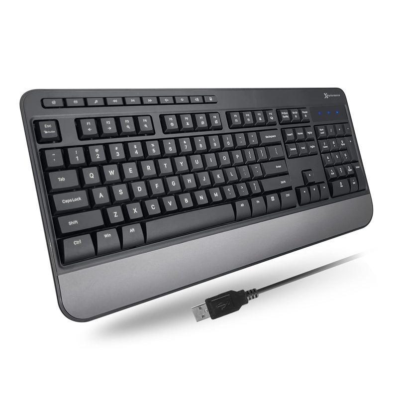 X9 Performance X9 Wired Keyboard - Comfortable Typing - Ergonomic Full Size USB Keyboard with Wrist Rest, Number Pad, Multimedia and 114 Keys - External Computer Keyboard for Laptop, Desktop and Office PC - Image 1